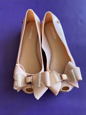 Mini Melissa Blush Pink Bow Peep-Toe Flats with Shimmer Accent
